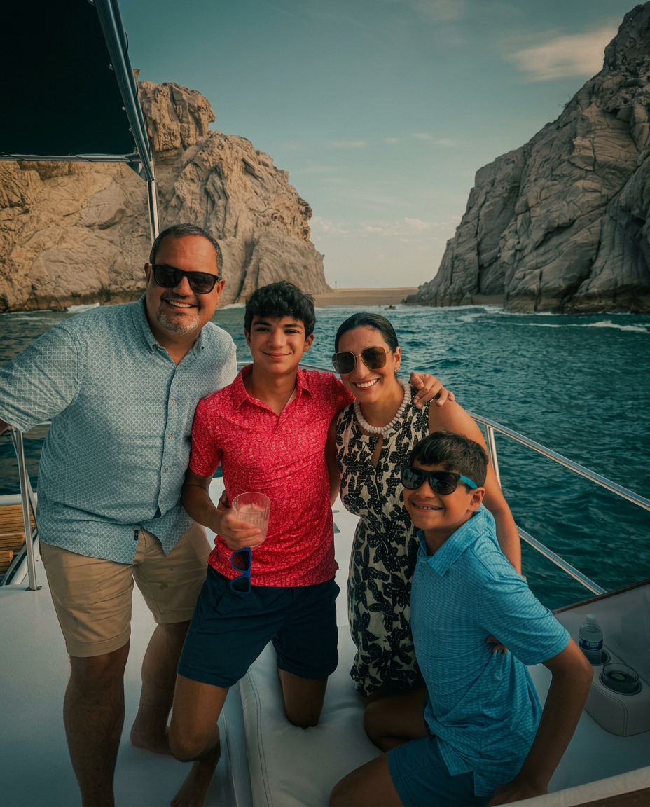 Eisa Shunnara with his wife and two sons on a boat at Cabo's arch