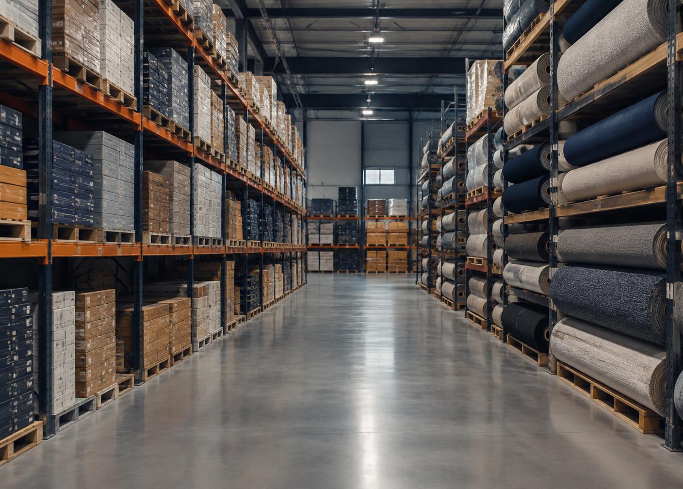 Flooring distribution warehouse with racked boxes and carpet rolls